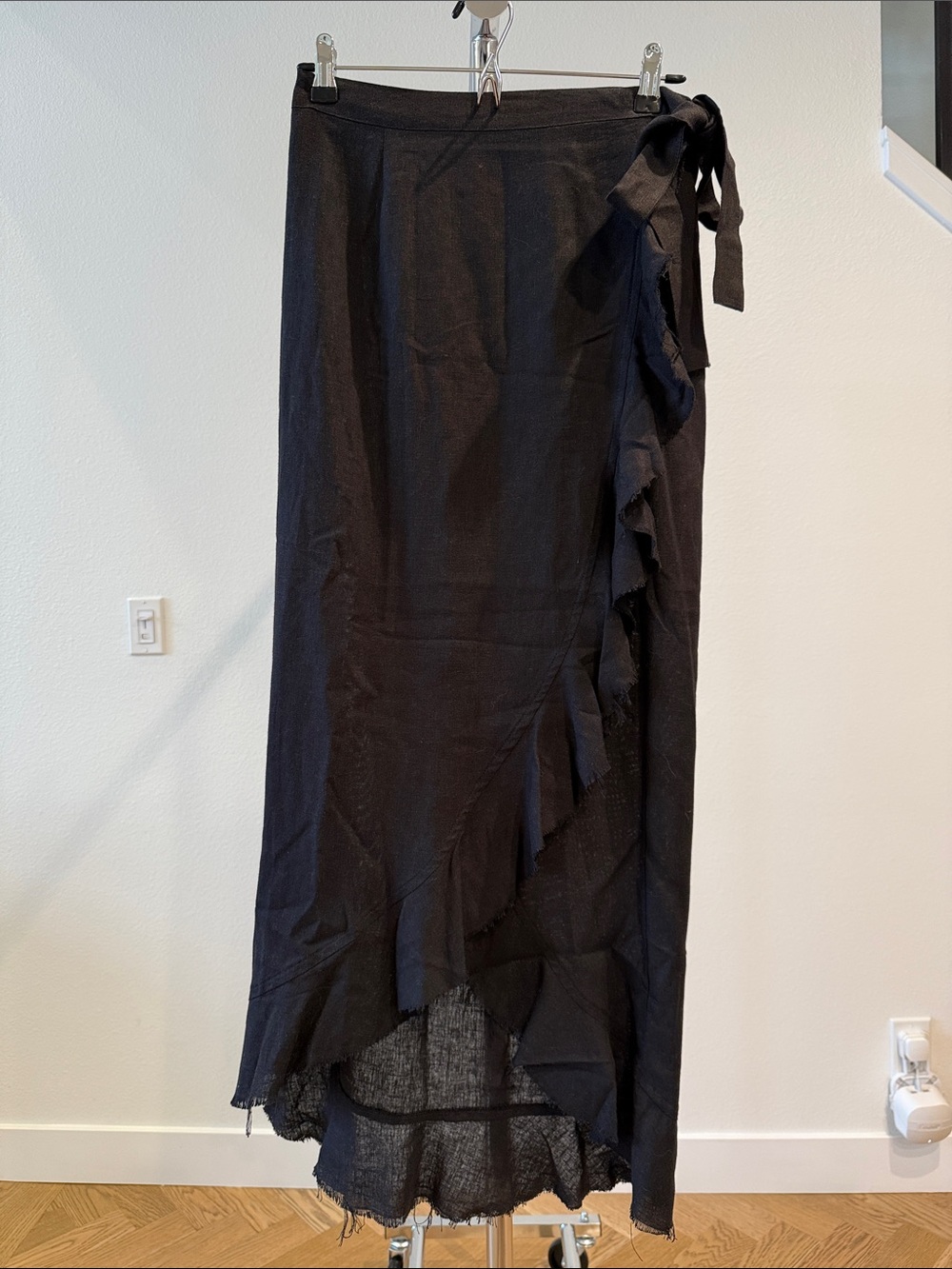 Black Linen Ruffle Wrap Maxi Skirt